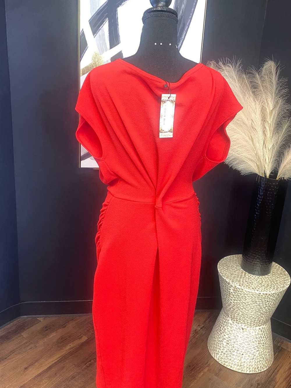 Red Wrap-Style Women's Dress - Elegant Drape - Picture 2 of 5